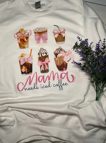 Mama Needs Iced Coffee-Pink Ribbon sweatshirt | adult Unisex size