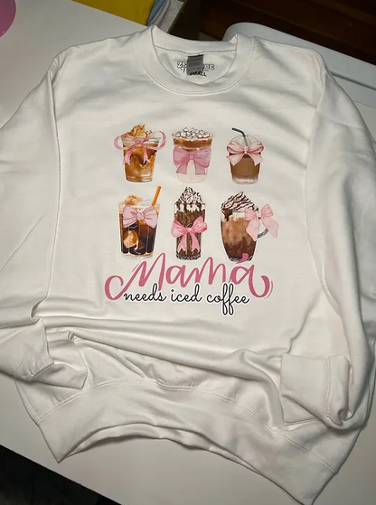 Mama Needs Iced Coffee-Pink Ribbon sweatshirt | adult Unisex size