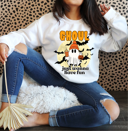 GHOUL just wanna have fun trick or treating with iced PSL sweatshirt | Orange font | Adult unisex size |