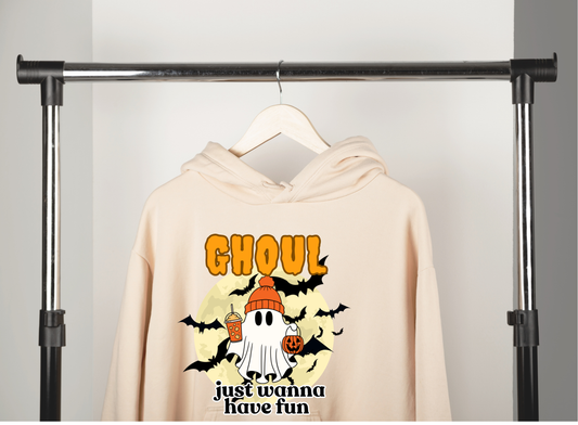 GHOUL just wanna have fun trick or treating with iced PSL HOODIE | Orange font | Adult unisex size | (Copy)
